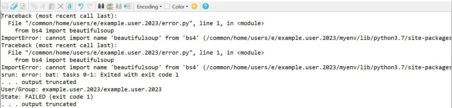 log of job with erronous code